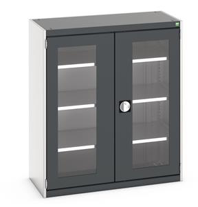 Bott Cubio Window Door Cupboard with lockable doors and clear perspex windows. External dimensions are 1050mm wide x 525mm deep x 1200mm high and the cupboard is supplied with 3 x 100kg capacity shelves.... Bott Cubio Window Clear Door Cupboards